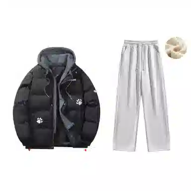 大卫贝肯 美式复古假两件趣味卡通爪印字母印花连帽保暖宽松纯色面包棉服垂感加绒加厚长裤休闲运动套装 男女同款