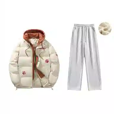 大卫贝肯 美式复古假两件趣味卡通爪印字母印花连帽保暖宽松纯色面包棉服垂感加绒加厚长裤休闲运动套装 男女同款