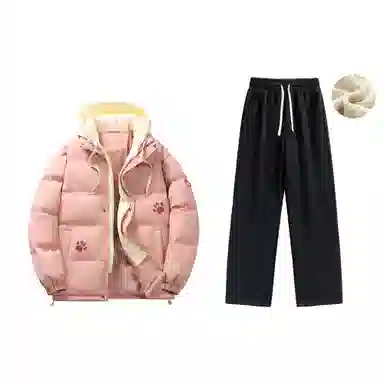 大卫贝肯 美式复古假两件趣味卡通爪印字母印花连帽保暖宽松纯色面包棉服垂感加绒加厚长裤休闲运动套装 男女同款