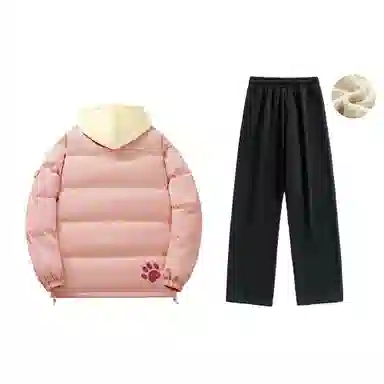 大卫贝肯 美式复古假两件趣味卡通爪印字母印花连帽保暖宽松纯色面包棉服垂感加绒加厚长裤休闲运动套装 男女同款