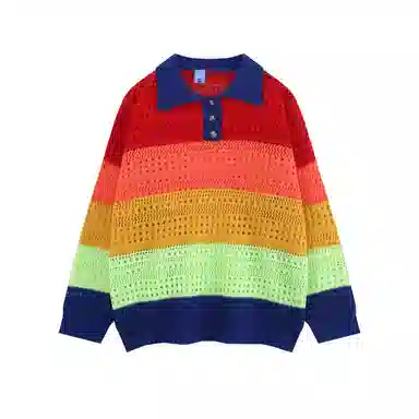 水中花 条纹撞色镂空长袖针织衫 女款 彩色