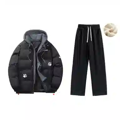 大卫贝肯 美式复古假两件趣味卡通爪印字母印花连帽保暖宽松纯色面包棉服垂感加绒加厚长裤休闲运动套装 男女同款