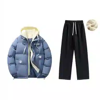 大卫贝肯 美式复古假两件趣味卡通爪印字母印花连帽保暖宽松纯色面包棉服垂感加绒加厚长裤休闲运动套装 男女同款