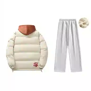 大卫贝肯 美式复古假两件趣味卡通爪印字母印花连帽保暖宽松纯色面包棉服垂感加绒加厚长裤休闲运动套装 男女同款