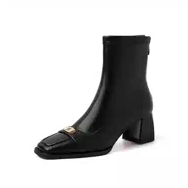 牛皮革 经典时尚粗跟方头金属扣百搭 短靴 女款