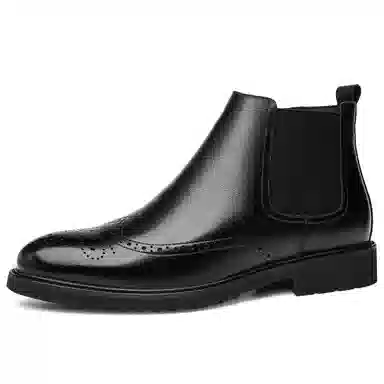 正泰 牛皮革 加绒保暖抗寒商务布洛克职场百搭 及踝 切尔西靴 男款 黑色