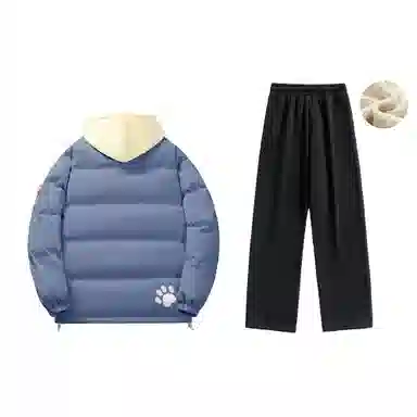 大卫贝肯 美式复古假两件趣味卡通爪印字母印花连帽保暖宽松纯色面包棉服垂感加绒加厚长裤休闲运动套装 男女同款