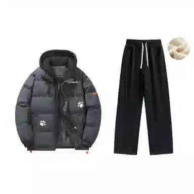 大卫贝肯 美式复古假两件趣味卡通爪印字母印花连帽保暖宽松纯色面包棉服垂感加绒加厚长裤休闲运动套装 男女同款