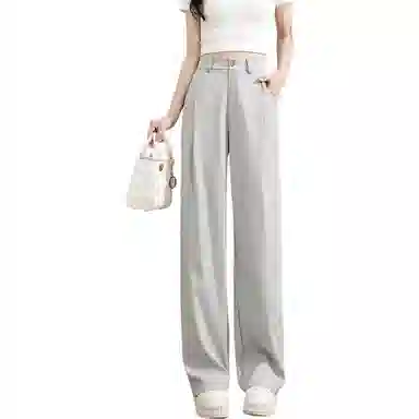 法文箱子 直筒高腰纯色休闲裤 女款 浅灰