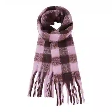 啄木鸟 高级感仿马海毛条纹撞色加绒加厚学生百搭秋冬季保暖格子长款流苏 绒线围巾 男女同款情侣款