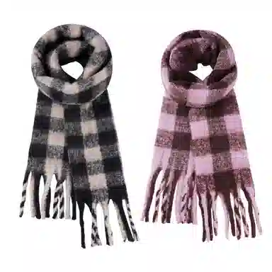 啄木鸟 高级感仿马海毛条纹撞色加绒加厚学生百搭秋冬季保暖格子长款流苏 绒线围巾 男女同款情侣款