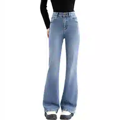 法文箱子 纯色高腰简约舒适牛仔裤 女款 蓝色