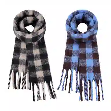 啄木鸟 高级感仿马海毛条纹撞色加绒加厚学生百搭秋冬季保暖格子长款流苏 绒线围巾 男女同款情侣款