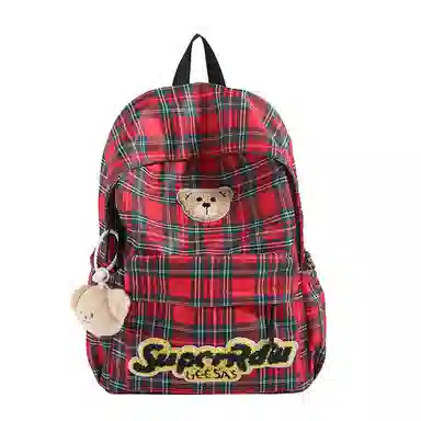 垣途者 日系可爱小熊格子 布 双肩包 女款 红色/棕色/豹纹