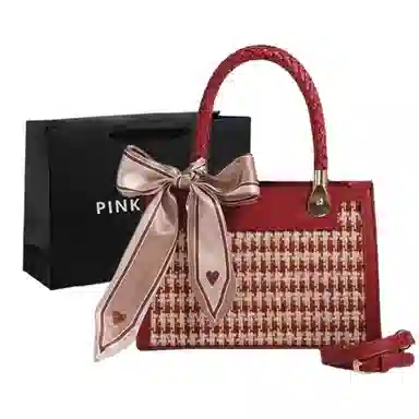 PINK·LAND Velvet Pearl Chain Bag Red