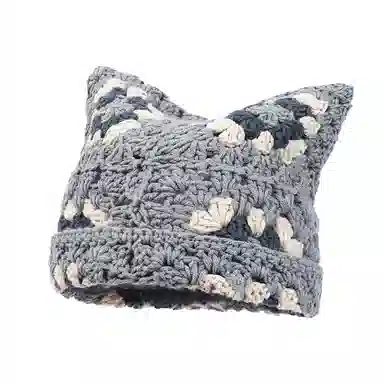 山一丸 秋冬可爱猫耳朵纯手工钩织新款保暖套头 腈纶 绒线帽 男女同款情侣款