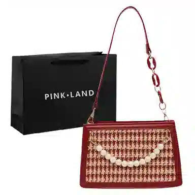 PINK·LAND Velvet Pearl Chain Bag Red