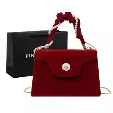 PINK·LAND Velvet Pearl Chain Bag Red