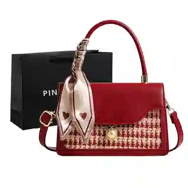 PINK·LAND Velvet Pearl Chain Bag Red