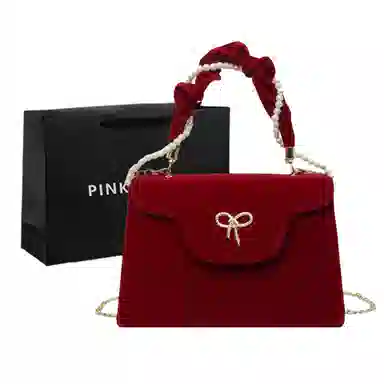 PINK·LAND Velvet Pearl Chain Bag Red