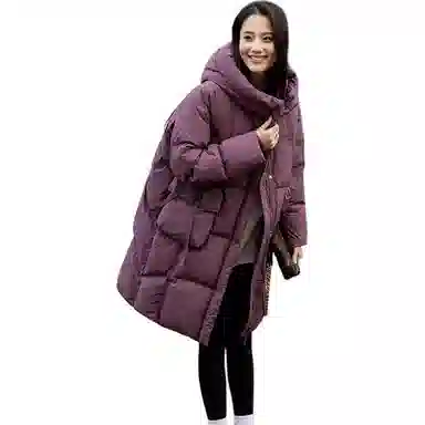 鸭鸭 纯色宽松连帽保暖中长款长袖羽绒服 女款