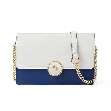 红蜻蜓 气质轻熟风百搭通用 牛剖层皮革 链条斜挎手拎包真皮手提包婚包时尚通勤撞色腋下包手提包 中号 男女同款情侣款 蓝白