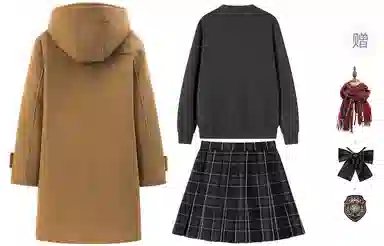 东鲸岁时记 保暖学院风高级感大衣单排扣开衫针织格子百褶半裙制服 女款