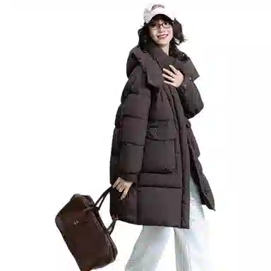 鸭鸭 时尚纯色口袋连帽中长款羽绒服 女款
