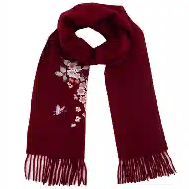 上海故事 秋冬福来系列绵羊毛加厚刺绣工艺流苏设计细腻柔软保暖礼盒包装 绒线围巾 女款