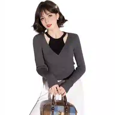 法文箱子 修身假两件简约毛衣 女款