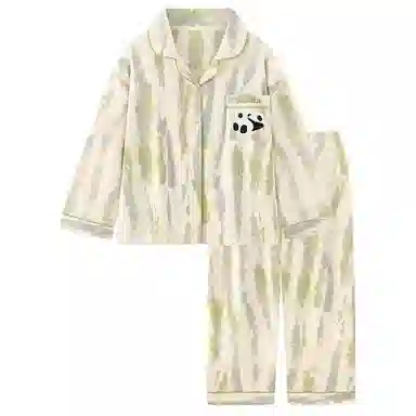 夏芬妍 简约舒适休闲不规则条纹熊猫印花翻领开衫纯棉家居服亲肤柔软长袖长裤可外穿睡衣礼盒 女款 浅绿色