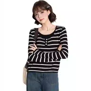 法文箱子 休闲条纹圆领长袖针织衫 女款