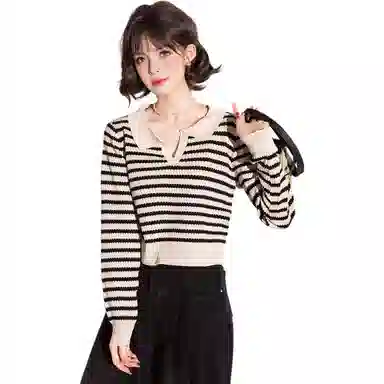 法文箱子 拼色条纹翻领长袖针织衫 女款
