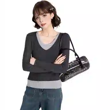 法文箱子 拼色假两件拼接长袖毛衣 女款