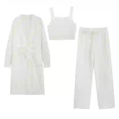 夏芬妍 简约时尚亲肤吊带浴袍三件套家居服保暖舒适休闲可外穿长袖长裤睡衣套装 女款 白色