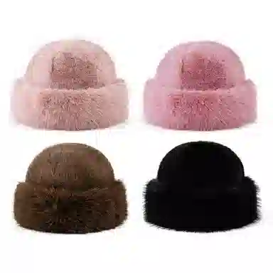 浪莎 外贸日系毛茸茸加绒保暖防寒大头围加厚显脸小 聚酯纤维 盆帽 女款