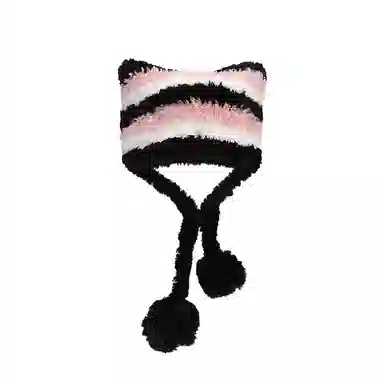 千桐 可爱甜酷感冬日出行 条纹猫耳长绳毛球 棉 绒线帽 女款