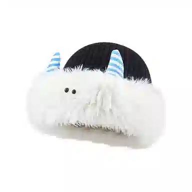 千桐 冬季毛茸茸雪怪豆豆眼怪兽小角 聚酯纤维 绒线帽 男女同款情侣款