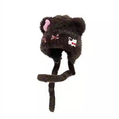 千桐 小熊蝴蝶结少女感精致套头护耳保暖甜美日常通勤 棉 绒线帽 女款