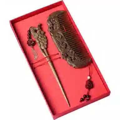 書卓 【牡丹富贵】 婚嫁古典优雅 传统手工 国风潮流 名贵木材 自带香气 原创设计 保真小叶桢楠 楠木 木梳簪子 女款