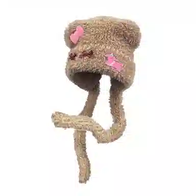 千桐 小熊蝴蝶结少女感精致套头护耳保暖甜美日常通勤 棉 绒线帽 女款
