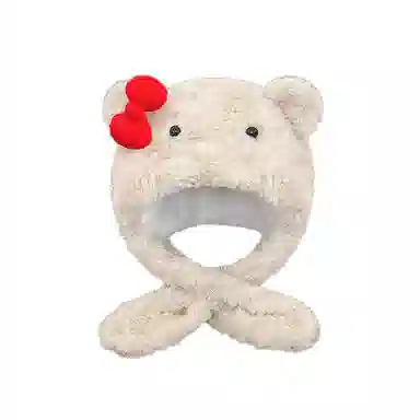 【萌趣可爱】 浪莎 可爱小熊蝴蝶结绒线帽子围巾一体女生秋冬季毛绒加厚保暖围脖护耳雷锋帽 涤纶 绒线帽 女款