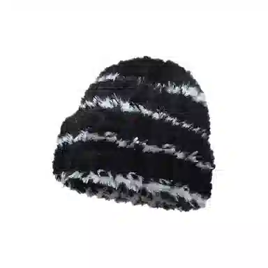 千桐 毛茸茸黑白条纹标签 温暖氛围感通勤百搭 涤纶 绒线帽 男女同款情侣款