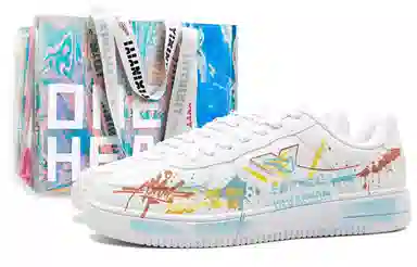 【定制球鞋】特步 空军一号 礼盒款 疯玩艺术 创意涂鸦 舒适百搭 防滑减震 低帮 板鞋 男女同款 白蓝
