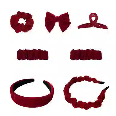 千桐 喜庆复古优雅高级感气质高颅顶发饰红色丝绒七件套一字边夹抓夹褶皱蝴蝶结 植绒 发夹 女款