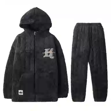 兰缪 连帽三层夹棉袄保暖家居服长袖长裤睡衣套装 男款 图片色