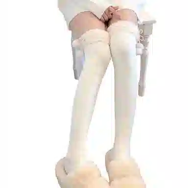 御茶家 日系白色蕾丝花边羊羔绒小腿袜显瘦黑色丝袜纯欲可爱风高筒袜 女款