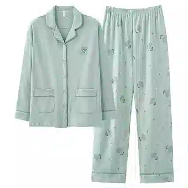 夏芬妍 休闲舒适简约高级感印花经典翻领开衫家居服柔软亲肤长袖长裤可外穿睡衣套装 女款 蓝色