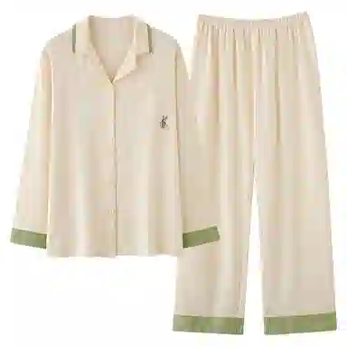 夏芬妍 休闲舒适高级感刺绣口袋经典翻领开衫家居服宽松柔软亲肤长袖长裤可外穿睡衣套装 女款 浅黄色