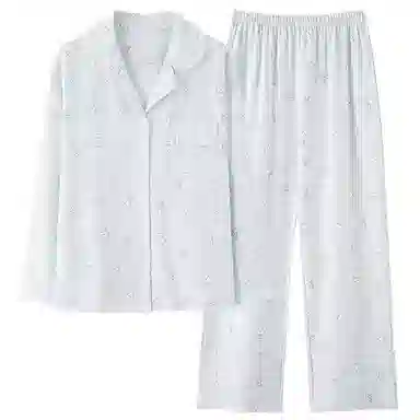 夏芬妍 休闲舒适简约高级感蘑菇花朵印花经典翻领开衫家居服宽松柔软亲肤长袖长裤可外穿睡衣套装 女款 蓝色